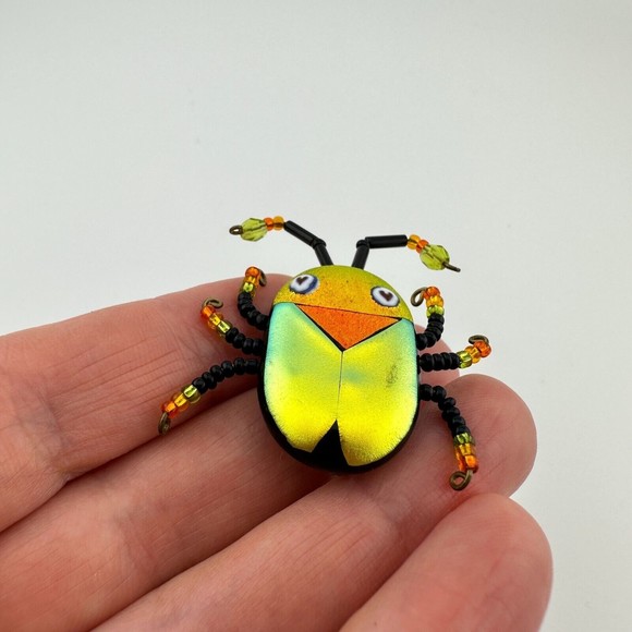 Multicolor Shimmery Dichroic Art Glass Beaded Scarab Bug Insect Brooch 1.5" OOAK - Picture 6 of 14